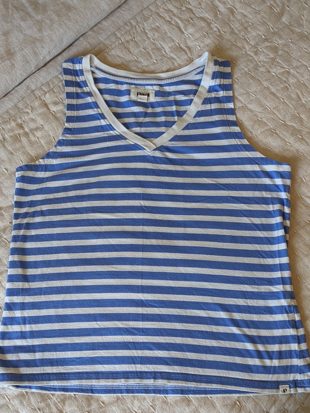 Pact White and Blue Striped V-Neck Tank
